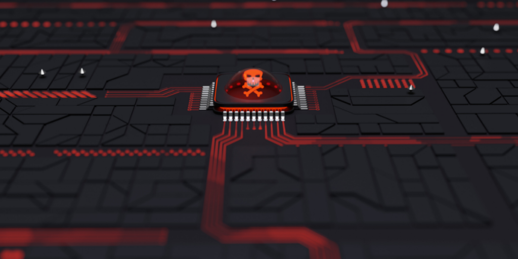 infected computer chip turned red with skull